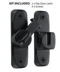 Upgrade heavy duty flip door latch that adapts from 90 to 180 degrees, shown with included screws for secure installation.