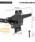 Heavy Duty Self Locking Gate Latch For Wooden Fences And Metal Gates Post Mount Automatic Gravity Door Latch With Fingertip Release Black Powder Coat Finish shown with dimensions and screw