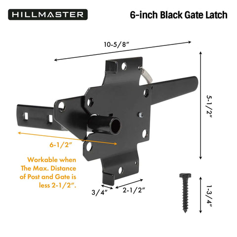 Heavy Duty Self Locking Gate Latch For Wooden Fences And Metal Gates Post Mount Automatic Gravity Door Latch With Fingertip Release Black Powder Coat Finish shown with dimensions and screw