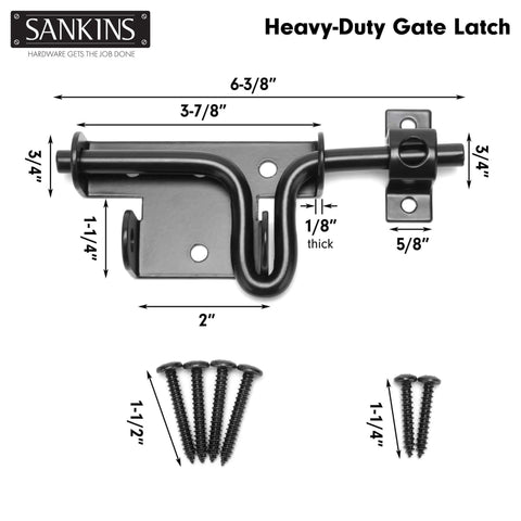 Heavy Duty Black Slide Bolt Gate Latch For Wooden Fences And Vinyl Gates With Padlock Hole, dimensions and screws included