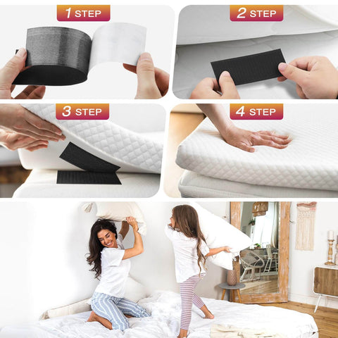 Step-by-step use of Heavy Duty Black Hook And Loop Strips With Adhesive 2 By 5 Inch 10 Pairs 20 Strips for securing bedding.