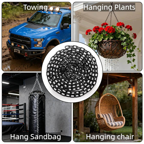 ✝️ Long Black Chain Link 1/4" x 19.7 Ft, Heavy Duty Metal Porch Swing Chain for Hanging, Carbon Steel Coil Chains for Outdoor Fence, Punching Bag, Hammock Chair, Safe Working Load, Tie Down designed for smooth motion and stable alignment in various uses including towing, hanging plants, sandbags, and chairs.