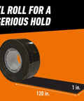 Heavy Duty Double Sided Mounting Tape Black 1 Inch By 120 Inch Weatherproof roll with text showing XL roll size and strong hold