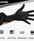 Heavy Duty Nitrile Gloves 6 Mil Black Disposable 100 Count Food Safe Powder Free, showing non-slip and food grade features