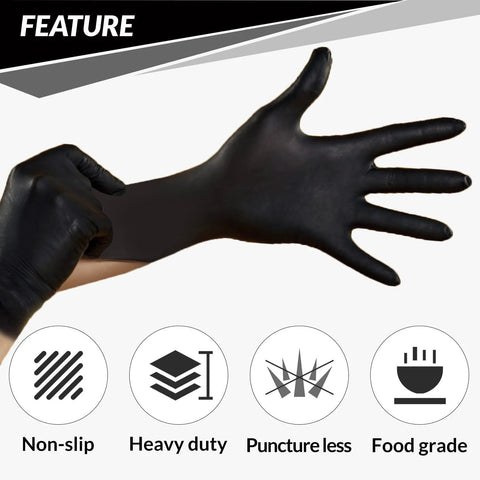 Heavy Duty Nitrile Gloves 6 Mil Black Disposable 100 Count Food Safe Powder Free, showing non-slip and food grade features