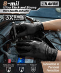 Hands wearing Heavy Duty Black Nitrile Gloves 8 Mil Latex Free Food Safe Diamond Grip working on engine.