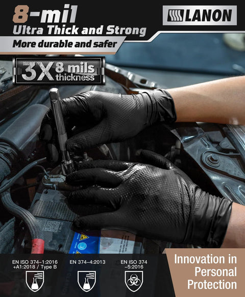 Hands wearing Heavy Duty Black Nitrile Gloves 8 Mil Latex Free Food Safe Diamond Grip working on engine.