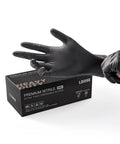 Heavy Duty Black Nitrile Gloves 8 Mil Latex Free Food Safe Diamond Grip shown in hand with box packaging