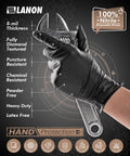 Hand wearing Heavy Duty Black Nitrile Gloves 8 Mil Latex Free Food Safe Diamond Grip holding a wrench, showing texture details.