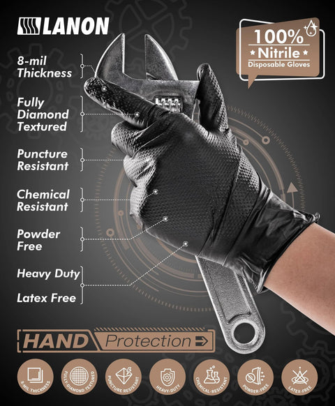 Hand wearing Heavy Duty Black Nitrile Gloves 8 Mil Latex Free Food Safe Diamond Grip holding a wrench, showing texture details.