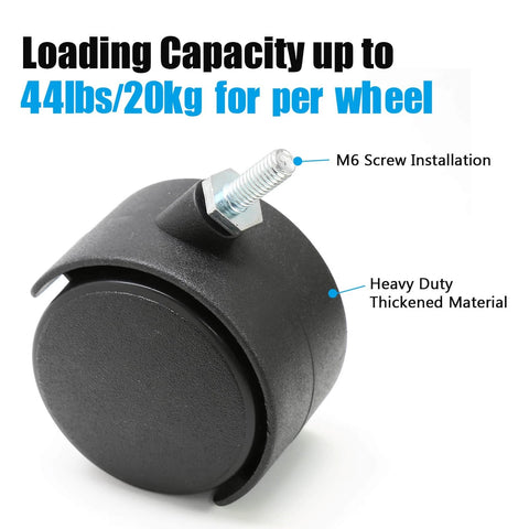 4pcs 2 Inch Swivel Caster Wheel with M6 Threaded Stem, Heavy Duty Black Nylon Replacement for Furniture, Close-up View