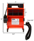 Heavy Duty 1600 Watt Blower Fan With 3 Speeds And 4 Angle Adjustments For Basements Cars And Garages Portable 120V Air Mover With Circuit Breaker And Motor Overload Protection From Stalwart, side view showing dimensions and cord length.