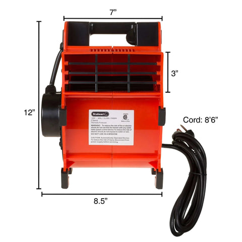 Heavy Duty 1600 Watt Blower Fan With 3 Speeds And 4 Angle Adjustments For Basements Cars And Garages Portable 120V Air Mover With Circuit Breaker And Motor Overload Protection From Stalwart, side view showing dimensions and cord length.