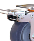 Close-up of Heavy Duty Blue Rubber Caster Wheels Set with Brakes, showing swivel plate and locking mechanism for trolleys and furniture.