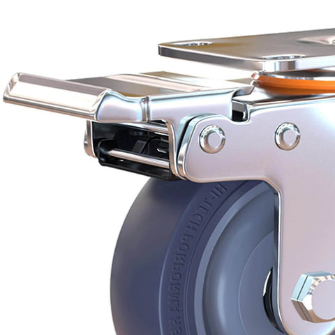 Close-up of Heavy Duty Blue Rubber Caster Wheels Set with Brakes, showing swivel plate and locking mechanism for trolleys and furniture.