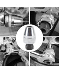Heavy Duty Bolt Extractor And Stud Remover For Rusty Painted Bolts Three Eighths Inch Interface Get The Job Done Fast Fully Adjustable To Fit One Quarter To One Half Inch Studs Car Repair DIY Fix And Industrial Emergency Tool viewed from various angles and installed on machinery, showing its metallic finish and adjustable components.