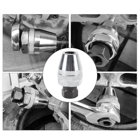 Heavy Duty Bolt Extractor And Stud Remover For Rusty Painted Bolts Three Eighths Inch Interface Get The Job Done Fast Fully Adjustable To Fit One Quarter To One Half Inch Studs Car Repair DIY Fix And Industrial Emergency Tool viewed from various angles and installed on machinery, showing its metallic finish and adjustable components.