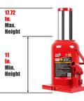 Ultra Duty 50 Ton Hydraulic Bottle Jack With Welded Steel Construction For Home Shop And Commercial Use, 11 Inch To 17.75 Inch Lift, 100000 Lb Capacity, Serrated Heat Treated Saddle, Drop Forged Alloy Construction, Model T95007 Big Red in red, shown with height measurements.