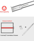Diagram showing Five Pack 16 Inch Heavy Duty Center Mounted Bottom Drawer Slides with 50 lb capacity for framed and frameless drawers.