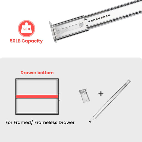 Diagram showing Five Pack 16 Inch Heavy Duty Center Mounted Bottom Drawer Slides with 50 lb capacity for framed and frameless drawers.