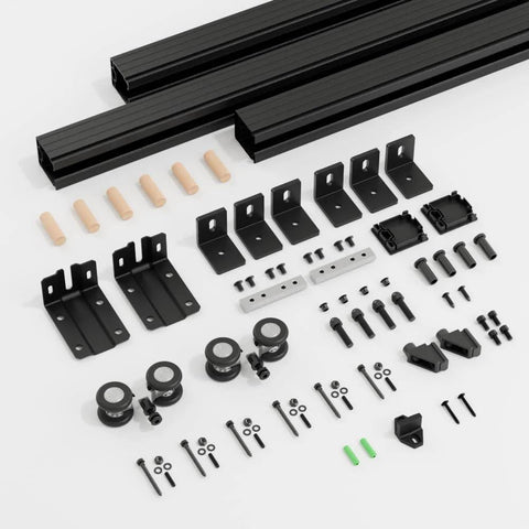 Heavy Duty Box Rail Sliding Barn Door Hardware Kit with Aluminum Alloy Box Rail Track and mounting components shown.