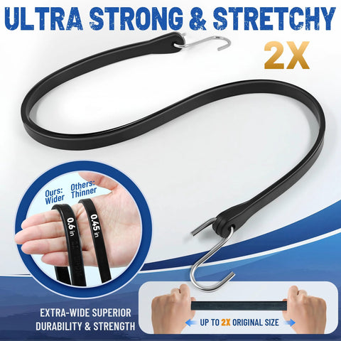 Heavy Duty Bungee Cords With Hooks Set EPDM Rubber Tarp Straps shown stretched with crimped S hook detail