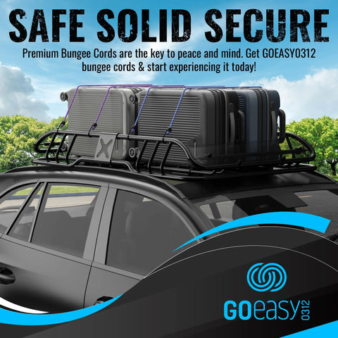 Car rooftop with luggage secured using Heavy Duty Bungee Cord Set With Hooks, 20 Piece Color-Coded Bundle In Storage Jar.
