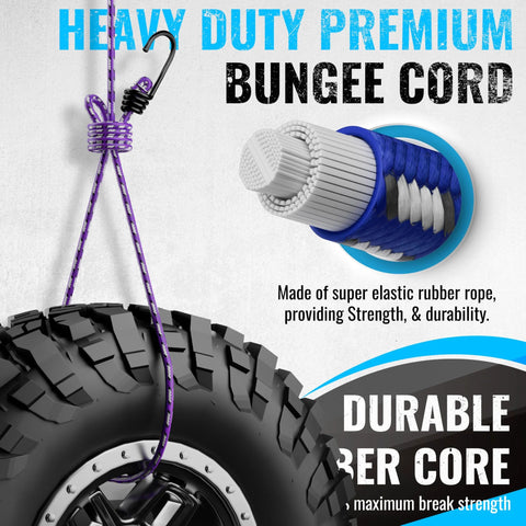 Heavy Duty Bungee Cord Set With Hooks around a tire, showcasing the durable rubber core structure.