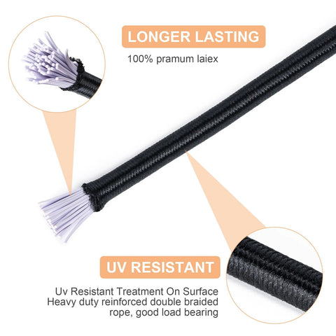 Close-up of heavy duty elastic bungee cord one eighth inch by fifty foot with UV-resistant sheath for kayaks and outdoor projects.