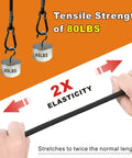 Hands stretching Odor Free Heavy Duty Bungee Cords With Carabiner Hooks Set Of 8 In 12 Inch 24 Inch And 48 Inch Lengths showing 80 lb strength