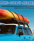 SUV with kayak secured using Heavy Duty Bungee Cords With Hooks Set EPDM Rubber Tarp Straps 10 15 21 31 Inch Max Stretch