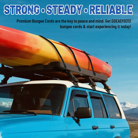 SUV with kayak secured using Heavy Duty Bungee Cords With Hooks Set EPDM Rubber Tarp Straps 10 15 21 31 Inch Max Stretch