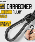 Close-up of Heavy Duty 12 Inch Bungee Cords With Carabiner Hooks One Third Inch Thick Elastic Rope showing aluminum alloy hooks