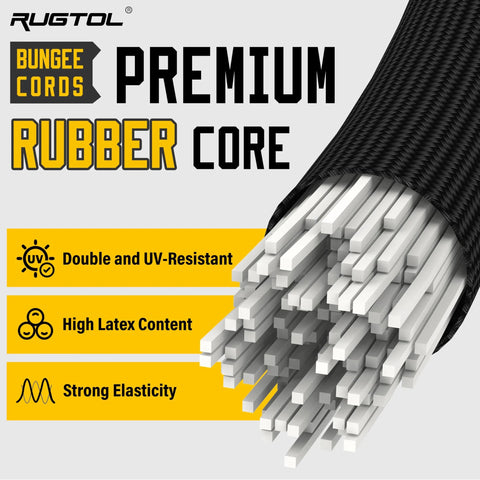 Cutaway view of premium rubber core in black bungee cord showing structure and features like UV resistance and elasticity.