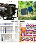 Heavy Duty Bungee Cords Set With Metal Hooks In Color Coded Lengths used for securing bike bag, drying clothes, organizing sports balls, and shelves