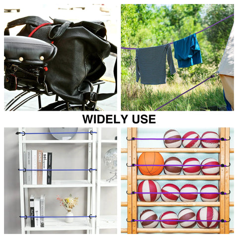 Heavy Duty Bungee Cords Set With Metal Hooks In Color Coded Lengths used for securing bike bag, drying clothes, organizing sports balls, and shelves