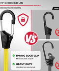 Comparison of Heavy Duty Bungee Cords With Hooks Kit 129 Pieces featuring durable spring lock clip versus standard hooks.