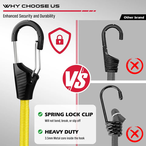 Comparison of Heavy Duty Bungee Cords With Hooks Kit 129 Pieces featuring durable spring lock clip versus standard hooks.