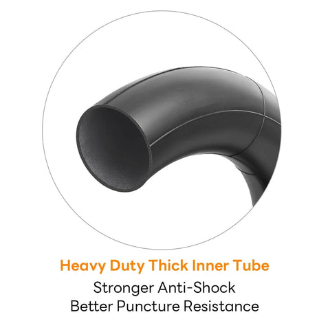 Close-up of Heavy Duty 10x2.50 Thicker 40% Butyl Inner Tube CR202 90° Bent Valve Stem for electric scooter tire with smoother finish.