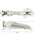 Heavy duty lateral opening door hinge set enables 180 degree parallel opening for cabinets and wardrobes, side view with dimensions.