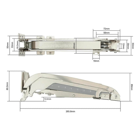 Heavy duty lateral opening door hinge set enables 180 degree parallel opening for cabinets and wardrobes, side view with dimensions.