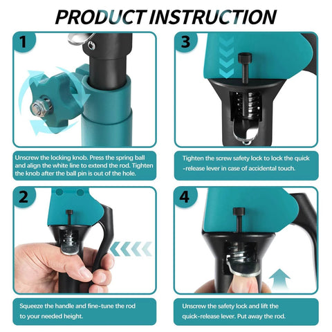 Product instructions for ✝️ Third Hand Support Pole Heavy Duty, Cabinet Jacks with 285 LBS Capacity, showing locking and adjustment steps.