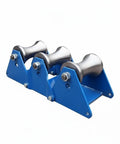 Blue industrial cable pulley with heavy duty steel sheave for large scale laying and wire pulling tools, multiple rollers setup.