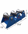 Image of a blue industrial cable pulley with steel sheaves, 21.6 inches long, for large scale laying and wire pulling tools.