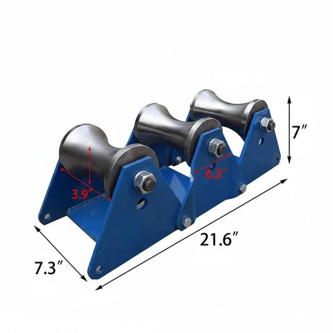 Image of a blue industrial cable pulley with steel sheaves, 21.6 inches long, for large scale laying and wire pulling tools.