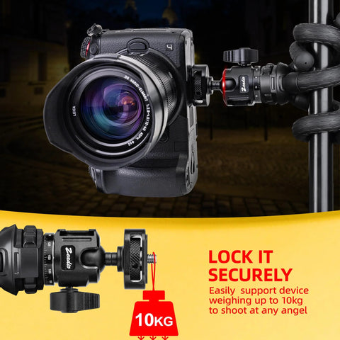 Heavy Duty Ball Head Mount With Built In Three Eighths To One Quarter Inch Adapter holds DSLR securely on tripod in a dark setting