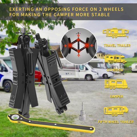 Heavy Duty Camper Wheel Chock Stabilizer Set For RVs And Travel Trailers, Double Speed Scissor Locking X Chock on grass