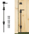 18 Inch Heavy Duty Cane Bolt Drop Rod for gates and fences with black finish, shown installed on wooden gate with included screws.