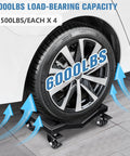 Car dolly set of 4 with heavy duty iron frame, 6000 lb total capacity wheel dollies, shown with tire on V shaped recessed design for grip