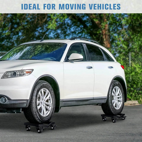 Car dolly set of 4 with heavy duty iron frame, 6000 lb total capacity wheel dollies securing an SUV, ideal for moving vehicles.